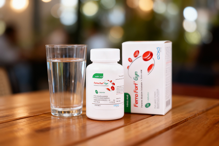 تصویر کپسول فروفورت گاین کنار لیوان آب